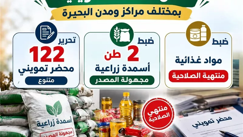 ضبط 2 طن أسمدة مجهولة ومواد غذائية منتهية الصلاحية وتحرير 122 محضر بالبحيرة
