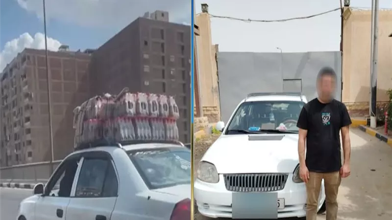 متهور على الطريق.. ضبط قائد سيارة سمح لراكب بالجلوس فوقها معرضًا حياتهم للخطر